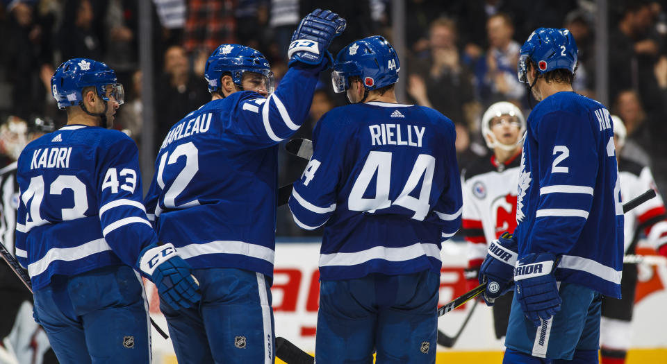 Morgan Rielly likely scored one of the strangest goals of his career against the New Jersey Devils on Friday night. (Getty)