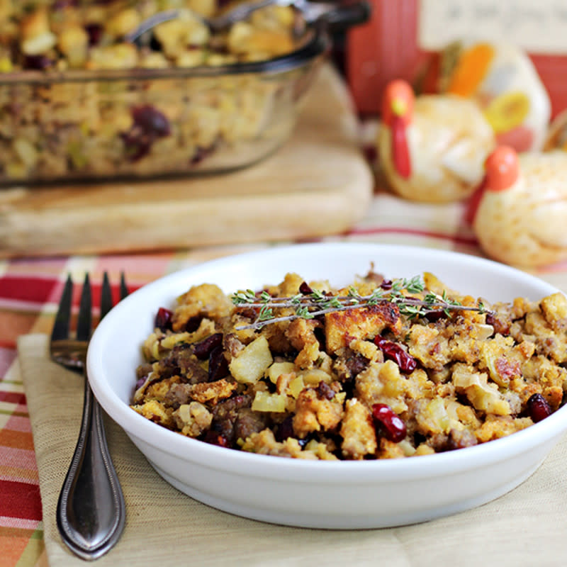 <p>Home Cooking Memories</p><p>Cornbread Sausage Stuffing with Apples and Cranberries—a delicious stuffing for Thanksgiving, Christmas or Sunday dinner. <a href="https://homecookingmemories.com/cornbread-sausage-stuffing-apples-cranberries/" rel="nofollow noopener" target="_blank" data-ylk="slk:Get the recipe here;elm:context_link;itc:0;sec:content-canvas" class="link rapid-noclick-resp">Get the recipe here</a></p><p><strong>Related: <a href="https://parade.com/845856/brianneizzo/10-of-the-most-delicious-mashed-potatoes-recipes-ever/" rel="nofollow noopener" target="_blank" data-ylk="slk:10 of the Most Delicious Mashed Potatoes Recipes Ever;elm:context_link;itc:0;sec:content-canvas" class="link rapid-noclick-resp">10 of the Most Delicious Mashed Potatoes Recipes Ever</a></strong></p>