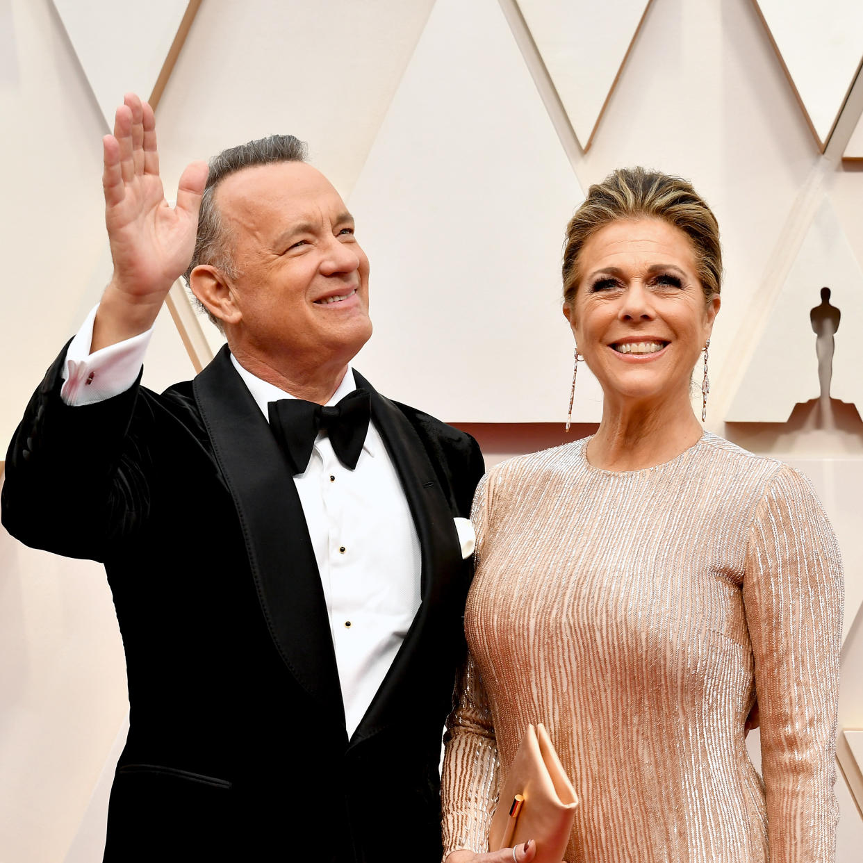 Tom Hanks and Rita Wilson wave to the crowd at the 92nd Annual Academy Awards at Hollywood and Highland on February 09, 2020 in Hollywood, California.