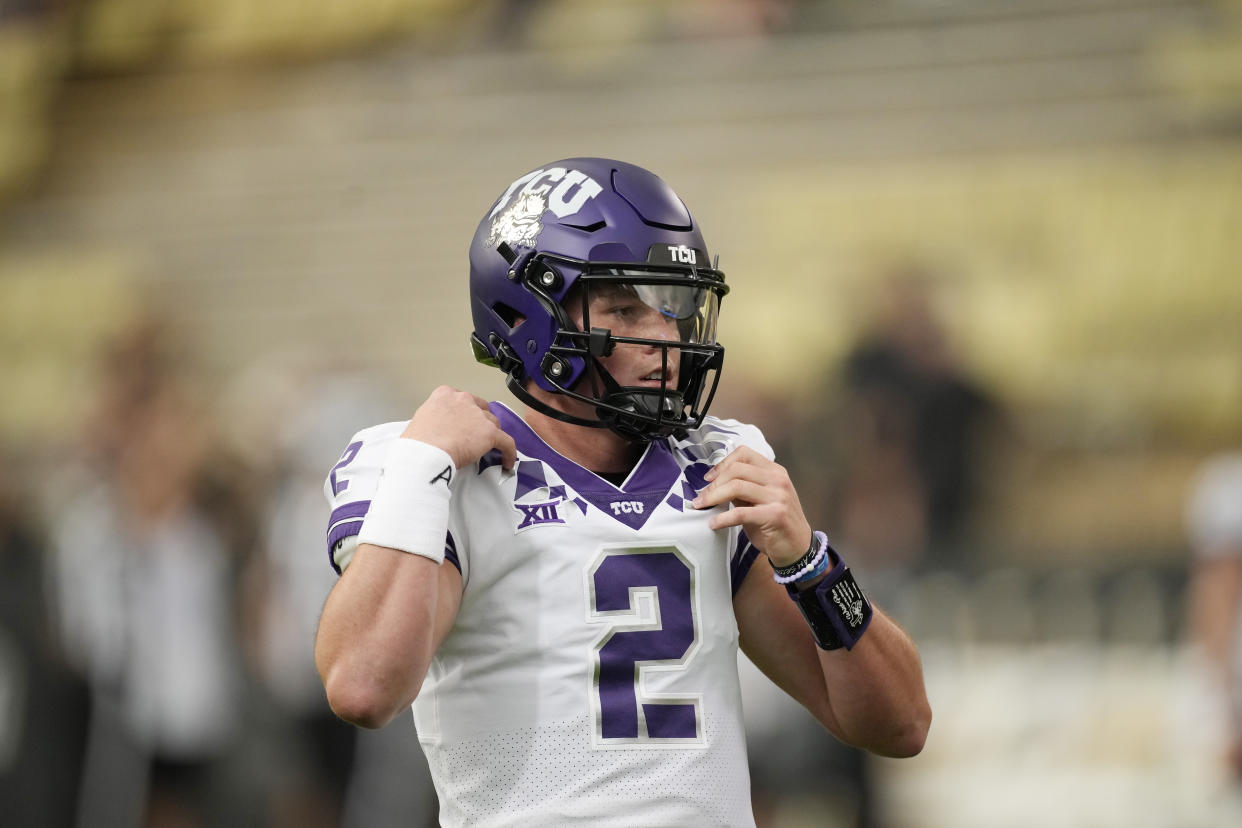 TCU quarterback Chandler Morris (2) warms up before an NCAA college football game Friday, Sept. 2, 2022, in Boulder, Colo. (AP Photo/David Zalubowski)