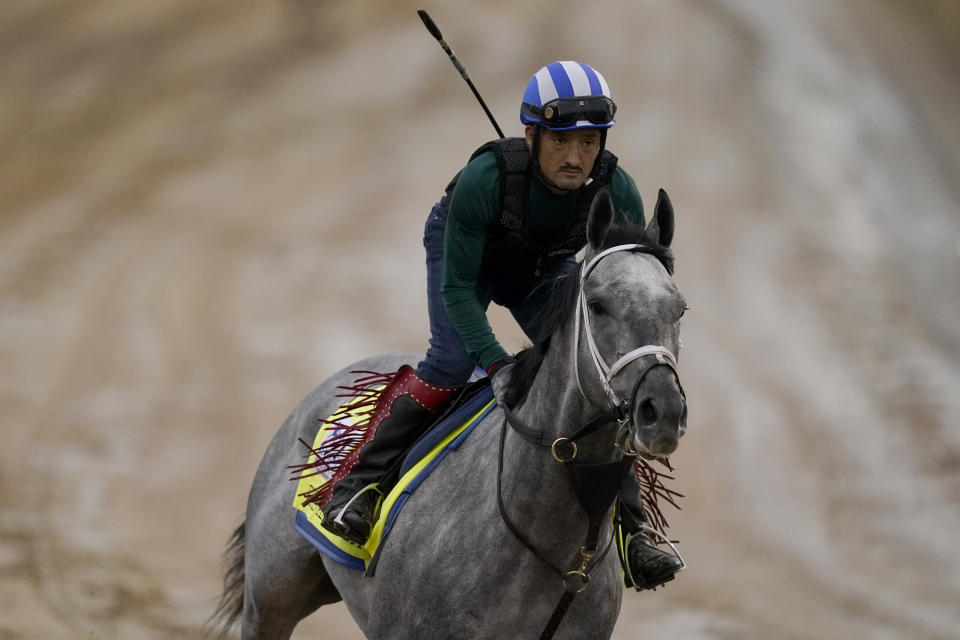 Kentucky Derby entrant Essential Quality works out at Churchill Downs Thursday, April 29, 2021, in Louisville, Ky. The 147th running of the Kentucky Derby is scheduled for Saturday, May 1. (AP Photo/Charlie Riedel)