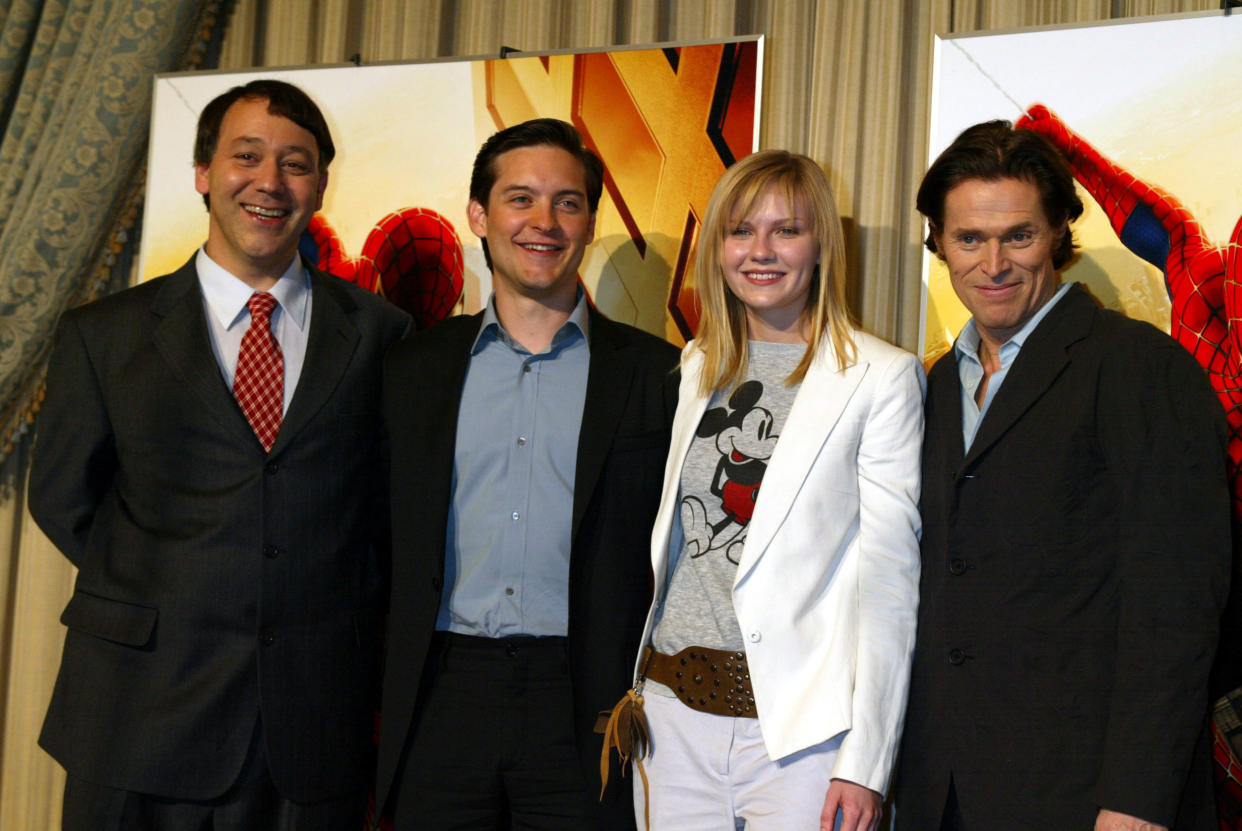 403414 09: (L-R) Director Sam Raimi, actor Tobey Maguire, actress Kirsten Dunst and actor Willem Dafoe meets Japanese journalists at a press conference while promoting the new movie 