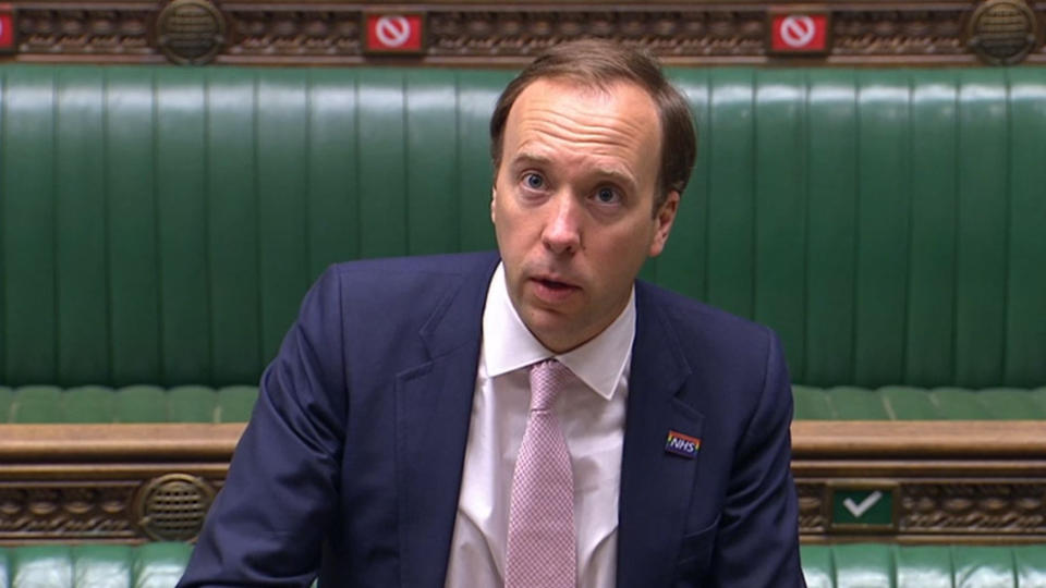 Health Secretary Matt Hancock speaking in the House of Commons, London, during the Health and Social Care Oral questions session. (Photo by House of Commons/PA Images via Getty Images)