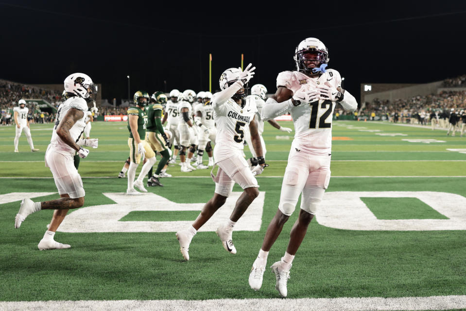 FORT COLLINS, COLORADO – SEPTEMBER 14: Travis Hunter #12 of the Colorado Buffaloes celebrates after scoring a touchdown in the third quarter against the Colorado State Rams at Canvas Stadium on September 14, 2024 in Fort Collins, Colorado. (Photo by Andrew Wevers/Getty Images)