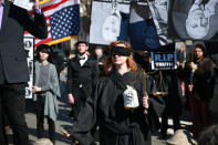 <p>A protester dressed as Lady Justice demonstrates at the “Mock Funeral for Presidents’ Day” rally at Washington Square Park in New York City on Feb. 18, 2017. (Gordon Donovan/Yahoo News) </p>