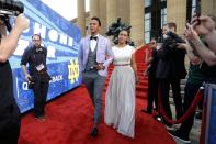 <p>Notre Dame’s DeShone Kizer arrives for the first round of the 2017 NFL football draft, Thursday, April 27, 2017, in Philadelphia. (AP Photo/Julio Cortez) </p>