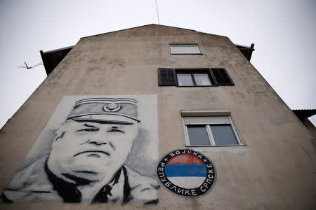 A mural of former Bosnian Serb general Ratko Mladic is seen on a building in Gacko, Bosnia and Herzegovina November 8, 2017. Picture taken November 8, 2017. REUTERS/Dado Ruvic