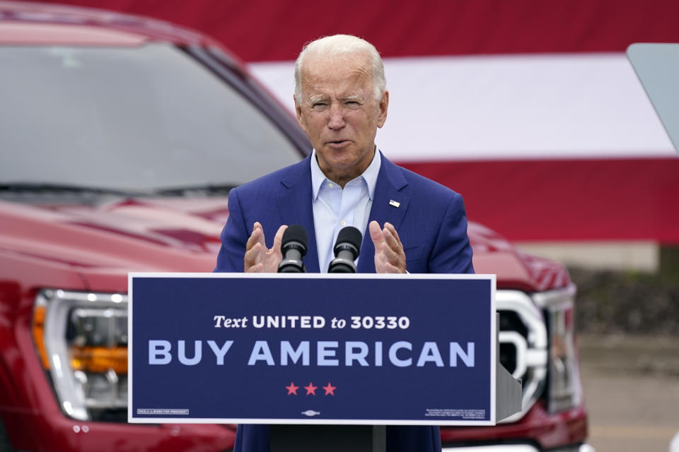 FILE - In this Wednesday, Sept. 9, 2020 file photo, Democratic presidential candidate former Vice President Joe Biden speaks during a campaign event on manufacturing and buying American-made products at UAW Region 1 headquarters in Warren, Mich. On Friday, Sept. 11, 2020, The Associated Press reported on stories circulating online incorrectly asserting Biden wants to introduce a 3% annual federal tax on your home. But nothing in Biden’s tax plan indicates homeowners would be subject to an additional 3% federal property tax. (AP Photo/Patrick Semansky)