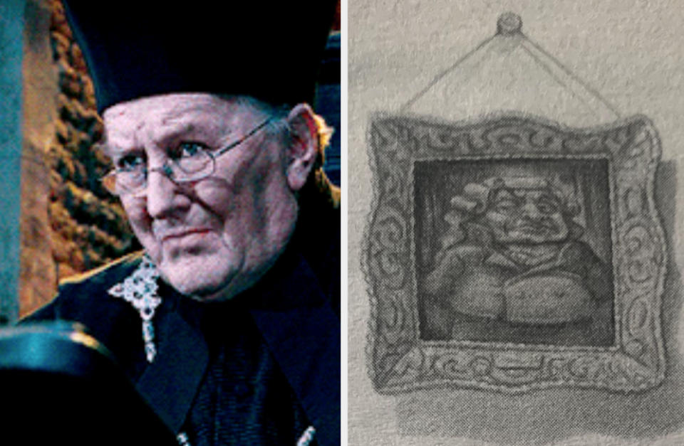 Cornelius Fudge in the "Harry Potter" movies alongside a book illustration