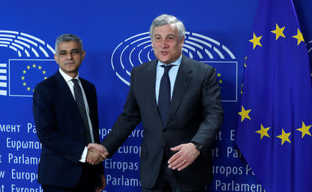 London Mayor Sadiq Khan arrives for a meeting with European Parliament President Antonio Tajani at the EP headquarters in Brussels. REUTERS/Yves Herman