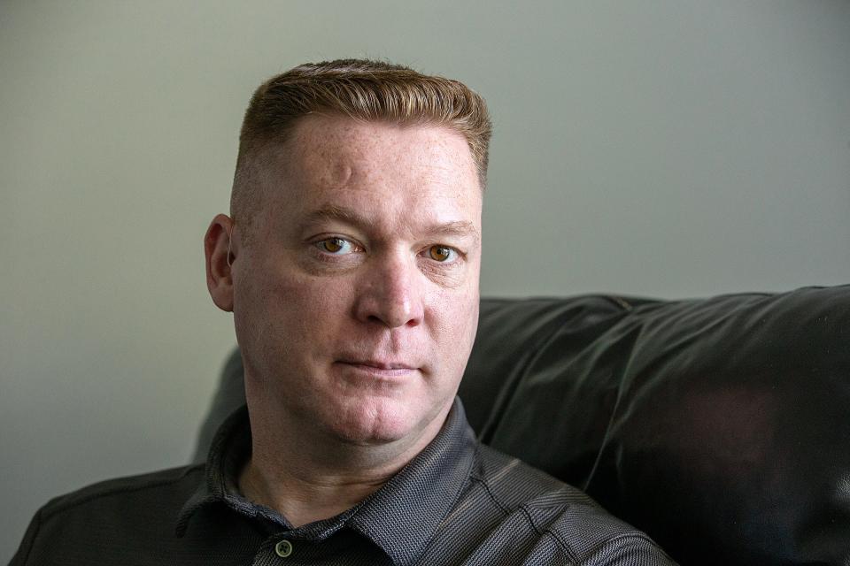 Staff Sgt. Benjamin Webb, who suffered debilitating injuries while serving with the United States Marine Corps in Iraq and Afghanistan, sits in his Sandy-damaged home was rebuilt for free by the Tunnel to Towers Foundation in Union Beach, NJ. Monday, October 23, 2023.