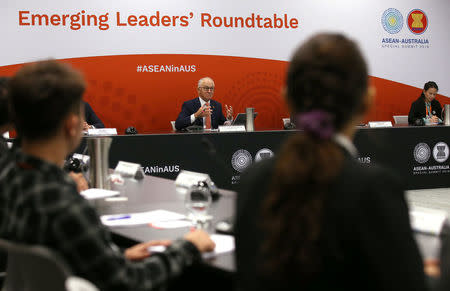 Australian Prime Minister Malcolm Turnbull reacts as he speaks to delegates during the opening remarks for an Emerging Leaders roundtable during the one-off summit of 10-member Association of Southeast Asian Nations (ASEAN) in Sydney, Australia, March 16, 2018. Rick Rycroft/Pool via REUTERS