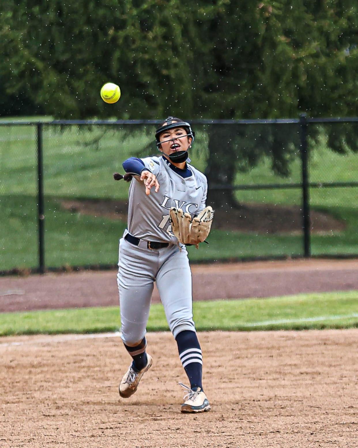 Erin Pattillo (12) fires to first after fielding a rocket hit to third base. The MAC Freedom softball championships were held at Lebanon Valley College, and the host Dutchmen played DeSales University on Saturday, May 4, 2024. LVC defeated DeSales, 1-0, and received an automatic bid to the NCAA tournament.