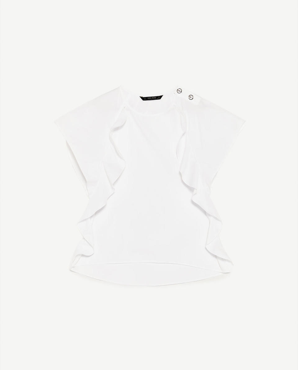 <p><a rel="nofollow noopener" href="https://www.zara.com/uk/en/woman/mid-season-%7C-50-off/poplin-top-with-frilled-sleeves-and-buttons-c818525p4179543.html" target="_blank" data-ylk="slk:Zara, £12.99;elm:context_link;itc:0;sec:content-canvas" class="link "><i>Zara, £12.99</i></a> </p>