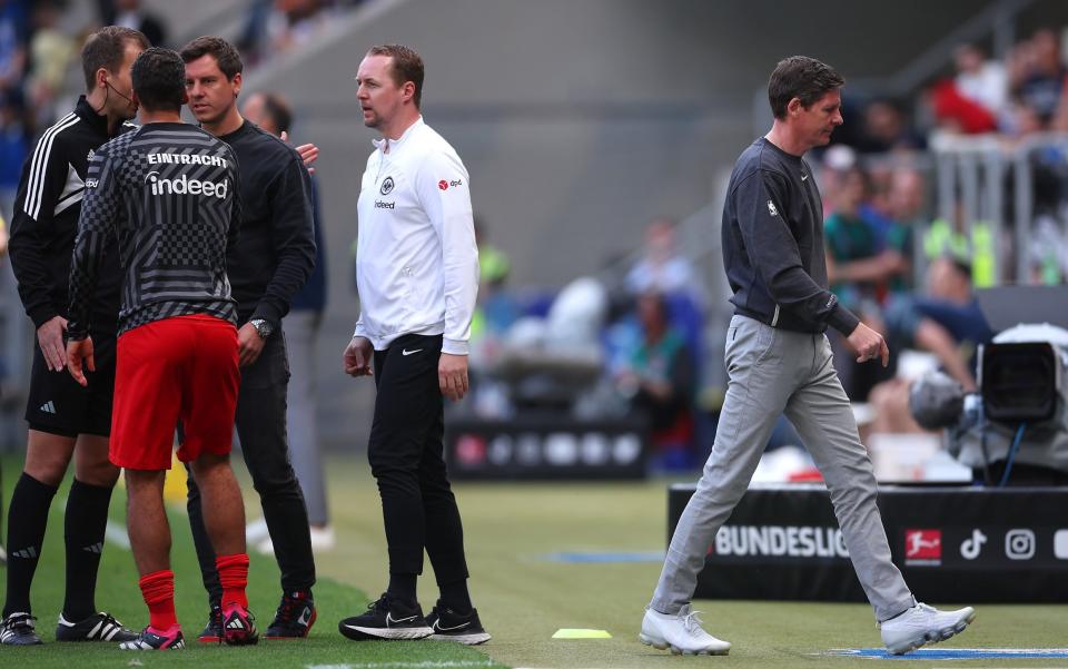 Eintracht Frankfurt Coach Oliver Glasner left the field after receiving a red card in the Bundesliga match between TSG Hoffenheim and Eintracht Frankfurt.