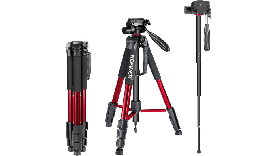 Neewer Portable 70 inches/177 centimeters Aluminum Alloy Camera Tripod Monopod with 3-Way Swivel Pan Head,Bag for DSLR Camera,DV Video Camcorder,Load up to 8.8 pounds/4 kilograms Red(SAB264). (Photo: Amazon SG)