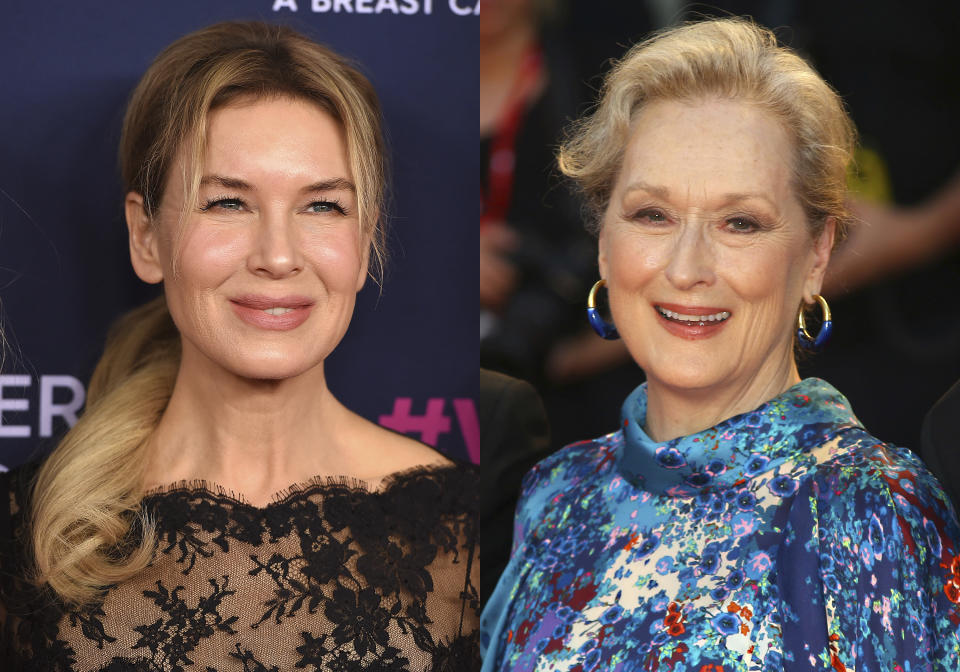 This combination photo shows actresses Renee Zellweger, left, and Meryl Streep, who are both nominated for Grammy Awards. Zellweger, who won an Academy Award for her role as Judy Garland in “Judy," earned a Grammy nomination for best traditional pop vocal album for her performance on the soundtrack. Streep is nominated for best spoken world album for “Charlotte’s Web." (AP Photo)