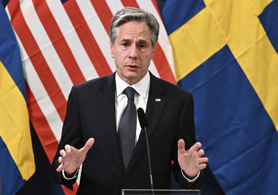 U.S. Secretary of State Antony Blinken speaks during a press meeting in Lulea, Sweden, Tuesday May 30, 2023. Blinken said Tuesday the “time is now” for Turkey to drop its objections to Sweden joining NATO but says the Biden administration also believes that Turkey should be provided with upgraded F-16 fighters “as soon as possible.” (Jonas Ekströmer/TT News Agency via AP)