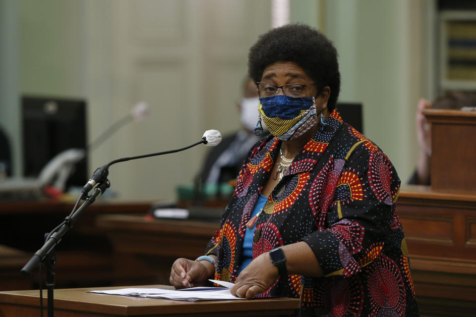 FILE - In this June 11, 2020, file photo, then-Assemblywoman Shirley Weber calls on lawmakers to create a task force to study and develop reparation proposals for African Americans, during the Assembly session in Sacramento, Calif. A landmark California committee to study reparations for African Americans is meeting for its first time, Tuesday, June 1, 2021, launching a two-year process to address the harms of slavery and systemic racism. Secretary of State Shirley Weber, who as an assemblymember authored the legislation creating the task force, noted the solemnity of the occasion as well as the opportunity to right an historic wrong. (AP Photo/Rich Pedroncelli, File)