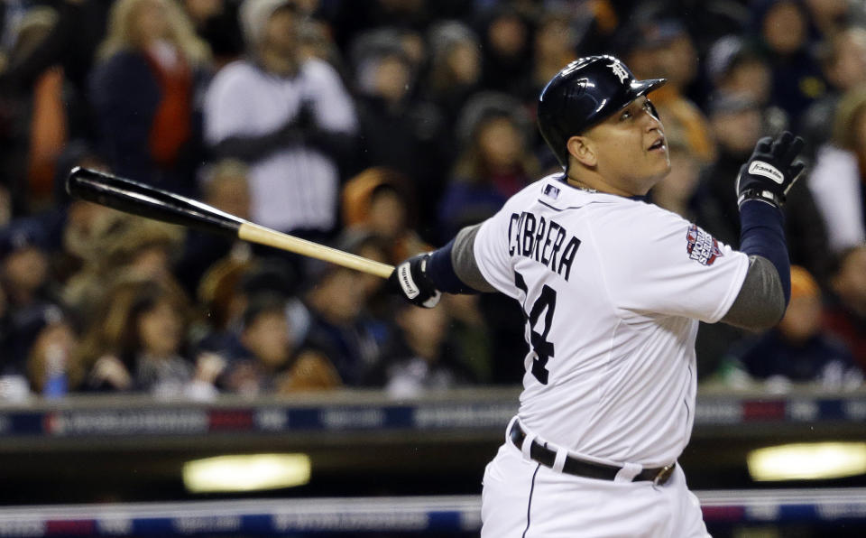 FILE - Detroit Tigers' Miguel Cabrera hits a two-run home run during the third inning of Game 4 of baseball's World Series against the San Francisco Giants in Detroit, Oct. 28, 2012. Cabrera, one of the greatest hitters of all time, is retiring after the Detroit Tigers wrap up their season Sunday, Oct. 1, 2023, and baseball’s last Triple Crown winner is leaving a lasting legacy in the game and his native Venezuela. (AP Photo/David J. Phillip, File)