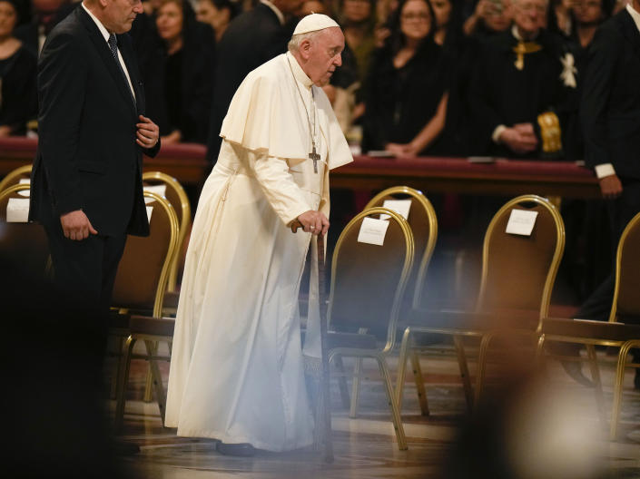 Pope Francis arrives to celebrate a Mass during the Solemnity of Saints Peter and Paul, in St. Peter's Basilica at the Vatican, Wednesday, June 29, 2022. (AP Photo/Alessandra Tarantino)