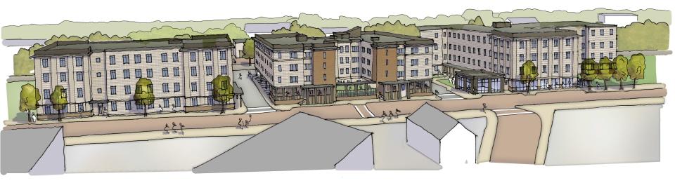 This rendering shows the outside of a proposed 160-unit, 3-building development in East Providence.