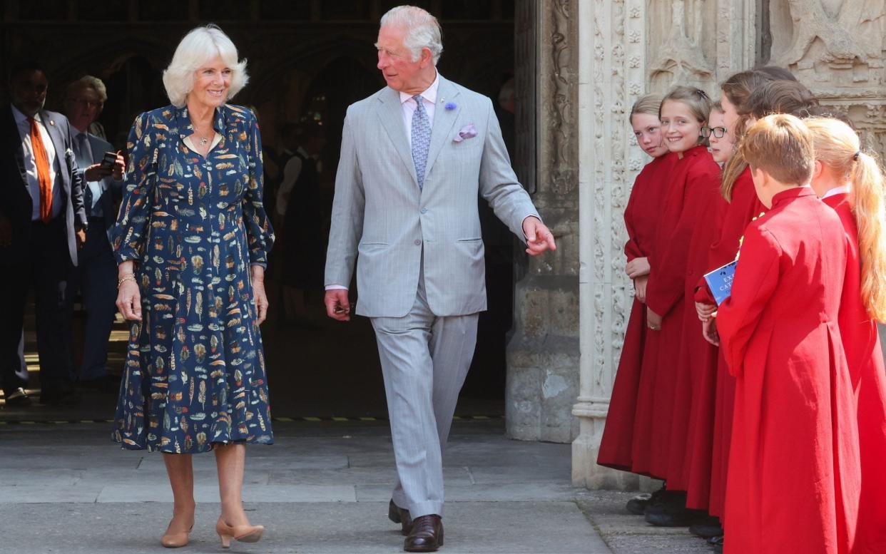 Prince Charles and the Duchess of Cornwall at Exeter Cathedral, where the Duchess told well-wishers the country still had to be careful -  Chris Jackson/PA