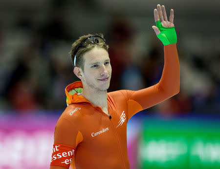 FILE PHOTO: Jan Blokhuijsen of the Netherlands reacts after the men's 1500 metres event at the Essent ISU speed skating world championship in Heerenveen, the Netherlands March 23, 2014. REUTERS/Michael Kooren/File Photo