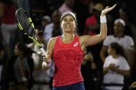 Mar 30, 2017; Miami, FL, USA; Johanna Konta of Great Britain salutes the crowd after her match against Venus Williams of the United States (not pictured) in a women's singles semi-final during the 2017 Miami Open at Crandon Park Tennis Center. Konta won 6-4, 7-5. Mandatory Credit: Geoff Burke-USA TODAY Sports