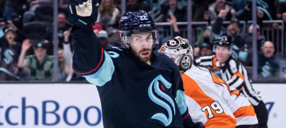 Kraken forward Oliver Bjorkstrand celebrates after scoring a goal during the second period of an NHL game against the Philadelphia Flyers, Thursday, Feb. 16, 2023, at Climate Pledge Arena in Seattle.