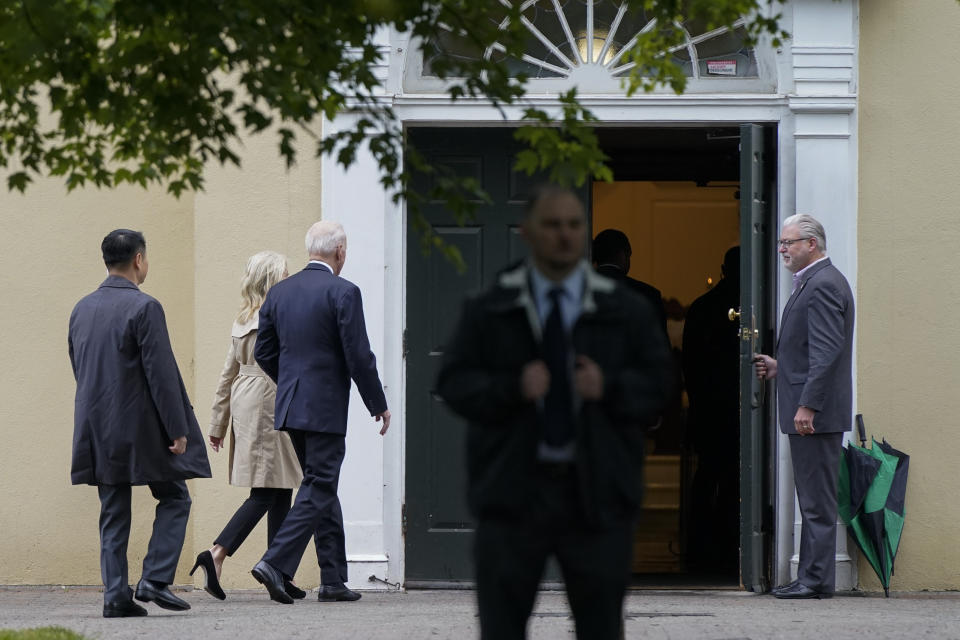 President Joe Biden and first lady Jill Biden arrive for Mass at St. Joseph on the Brandywine Catholic Church, Sunday, May 30, 2021, in Wilmington, Del. (AP Photo/Patrick Semansky)