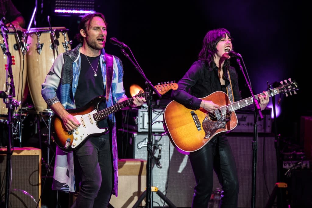 LOS ANGELES, CALIFORNIA - APRIL 22: (L-R) Chris Stills and Sharon Van Etten perform at the Autism Speaks Light Up The Blues 6 Concert at The Greek Theatre on April 22, 2023 in Los Angeles, California. (Photo by Harmony Gerber/Getty Images)