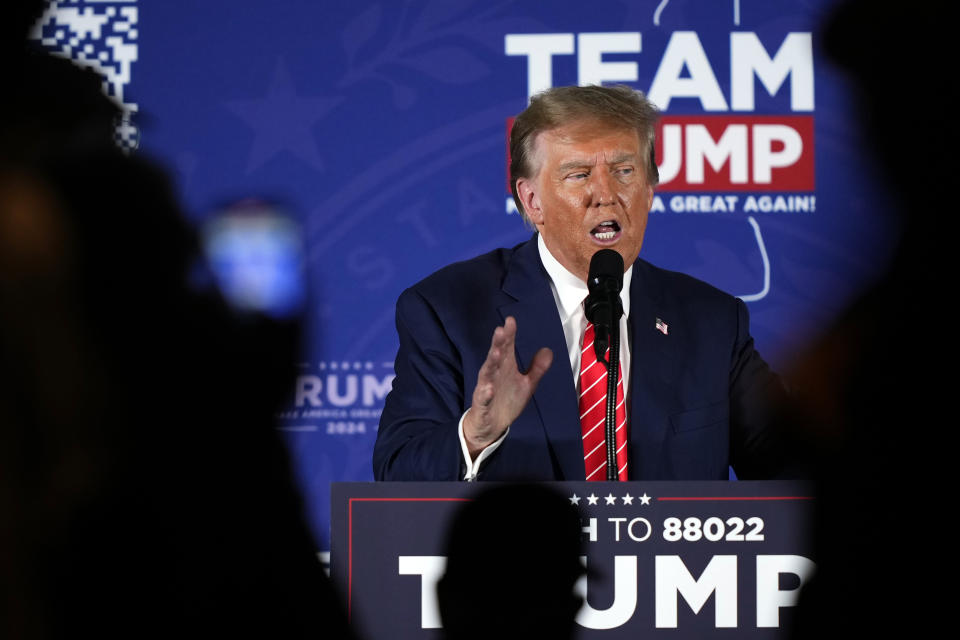 Republican presidential candidate former President Donald Trump speaks during a campaign event in Laconia, N.H., Monday, Jan. 22, 2024. (AP Photo/Matt Rourke)