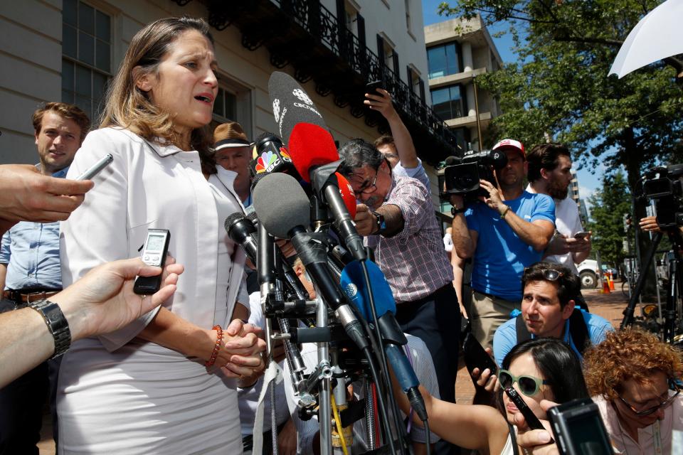 Canadian Foreign Minister Chrystia Freeland speaks to reporters during a break in trade talks at the Office of the United States Trade Representative in Washington Thursday.