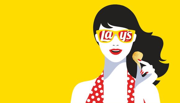 Illustration of young woman holding Lay's chip in her hand, against a yellow background, with the trademark Lay's reflected in her sunglasses.