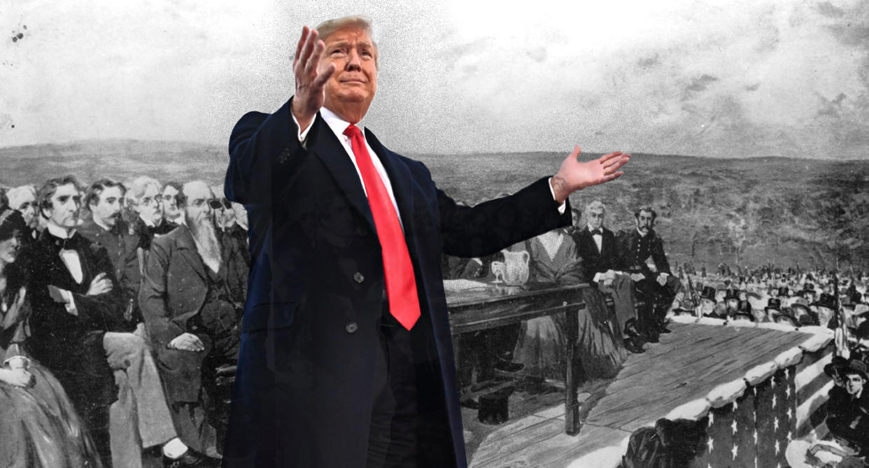 <span class="s1">President Trump superimposed over a Fletcher C. Ransom painting of the scene during Lincoln’s speech at the dedication of the Gettysburg National Cemetery in 1863. (Photo illustration: Yahoo News; photos: Nicholas Kamm/AFP/Getty Images, Library of Congress/Getty Images)</span>