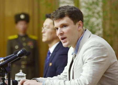 Otto Frederick Warmbier, a University of Virginia student who has been detained in North Korea since early January, attends a new conference in Pyongyang, North Korea, in this photo released by Kyodo February 29, 2016. REUTERS/Kyodo