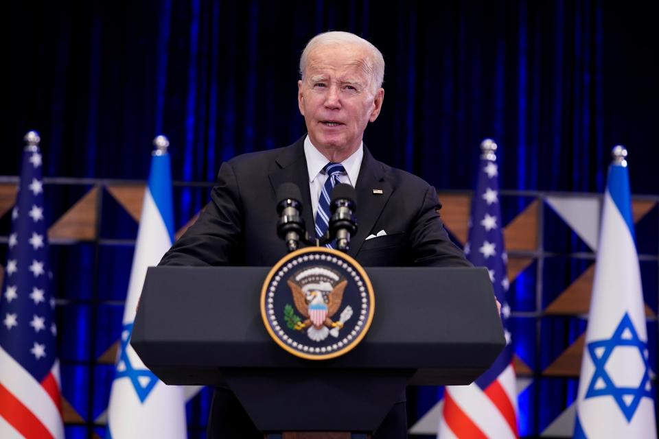 President Joe Biden, in Tel Aviv on Oct. 18, 2023, says Israel isn't to blame for a hospital explosion in Gaza. “Based on what I've seen, it appears as though it was done by the other team, not you," he said at the start of a meeting with Israeli Prime Minister Benjamin Netanyahu. Biden said his assessment that Israel was not responsible for the hospital attack was based on “the data I was shown by my defense department."