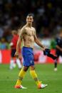 <p>Swedish star footballer Zlatan Ibrahimovic’s torso is a canvas of ink. The one that stands out is a red dragon and a biblical saying on his left rib, which reads, “Only God can judge me.” </p>