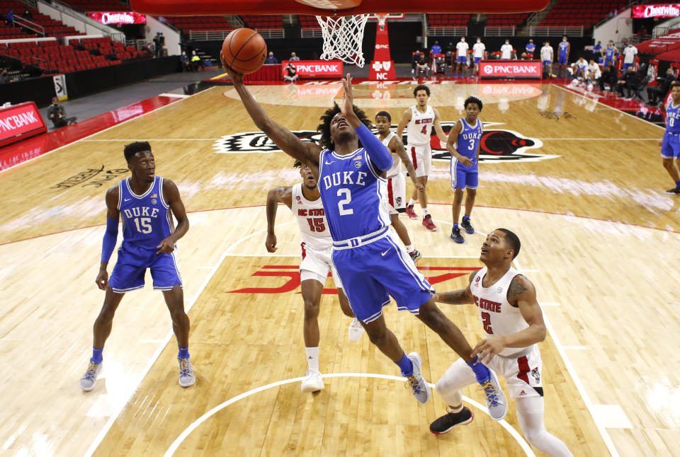 Duke's DJ Steward (2) shoots against North Carolina State during an NCAA college basketball game at PNC Arena in Raleigh, N.C., Saturday, Feb. 13, 2021. (Ethan Hyman/The News & Observer via AP)