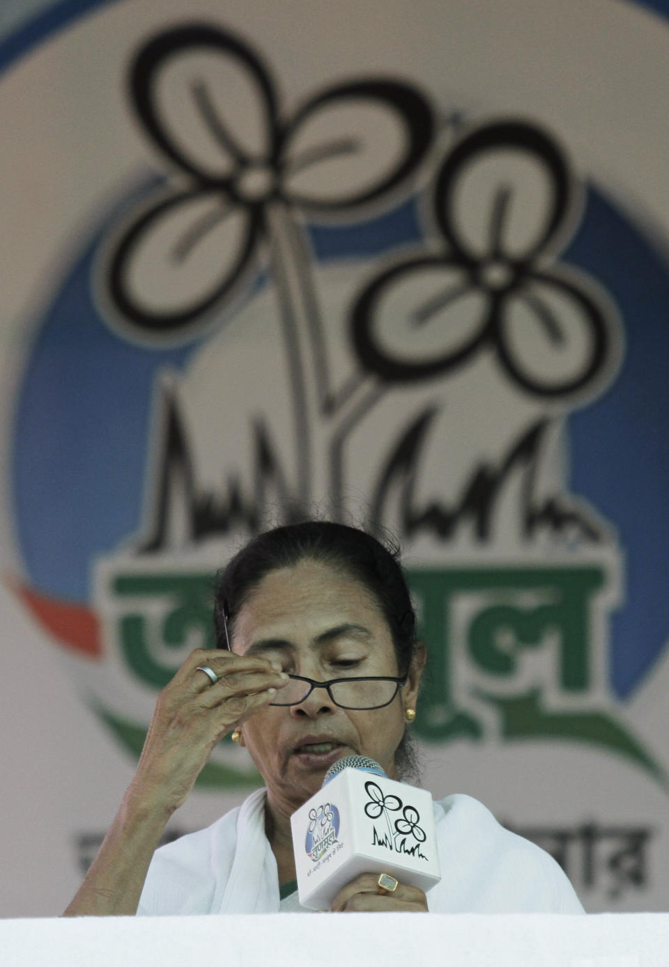 Trinamool Congress leader and Chief Minister of West Bengal state Mamata Banerjee speaks during an election rally at Anchana in Mathurapur, about 60 kilometers south of Kolkata, India, Thursday, May 16, 2019. With 900 million of India's 1.3 billion people registered to vote, the Indian national election is the world's largest democratic exercise. The seventh and last phase of the elections will be held on Sunday. (AP Photo/Bikas Das)