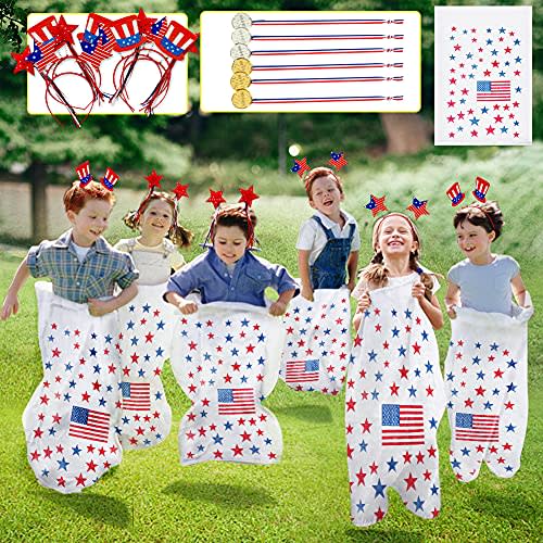 4th of July Patriotic Potato Sack Race Bags/USA Flag,Patriotic Head Boppers Headband/Red White Blue,Prize Medals for Kids and Adults Patriotic Outdoor Fun Games,Fourth of July Party Favors(18PACK).