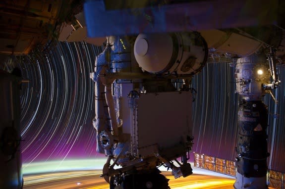 Expedition 31 Flight Engineer Don Pettit took photos of star trails, terrestrial lights, airglow and auroras while aboard the International Space Station. He writes: “My star trail images are made by taking a time exposure of about 10 to 15 min