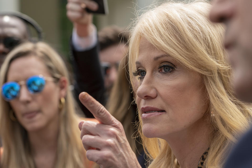 Kellyanne Conway, Counselor to the President Trump, speaks to reporters outside the White House April 18, 2019 in Washington, DC. The Department of Justice today released special counsel Robert Mueller's report on Russian election interference in the 2016 U.S. presidential election. (Photo by Ken Cedeno/Sipa USA)