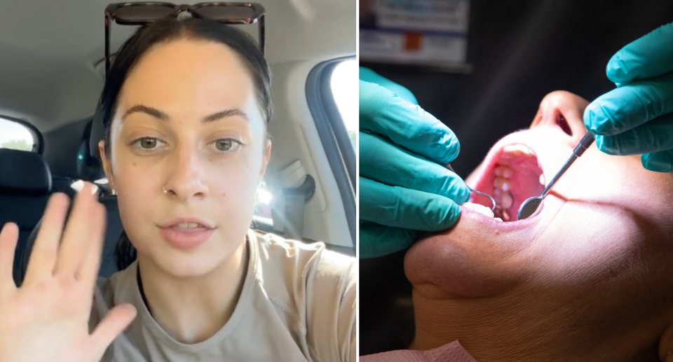 Left image of Hannah Palmer talking to camera.  Right image of the dentist looking at the side of a person's mouth.