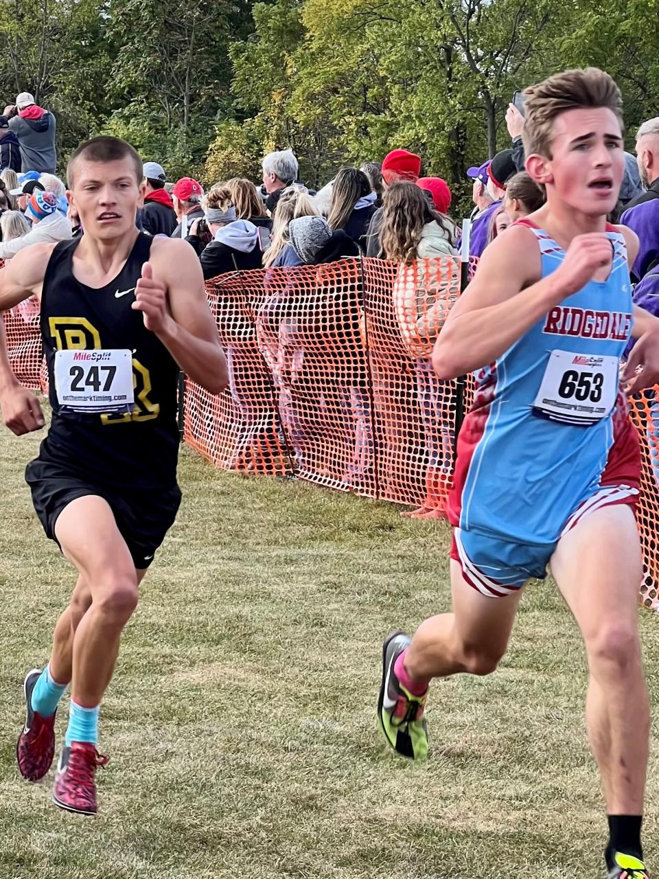 Ridgedale's Brogan Weston runs to the finish line at the Marion Harding Cross Country Invitational this season. He won the Northwest Central Conference boys race on Saturday.