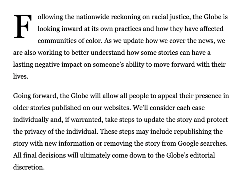 Statement by the Boston Globe about its Fresh Start Initiative