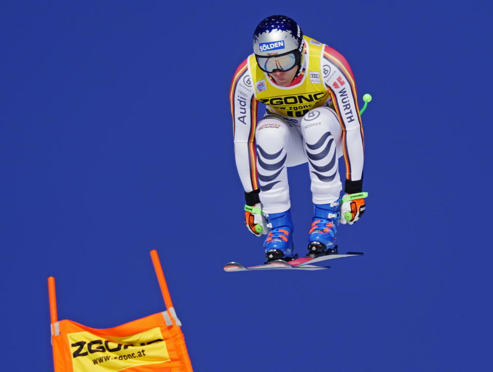 Thomas Dressen of Germany skis down the course during the men's World Cup downhill ski race in Lake Louise, Alberta, Canada, on Saturday, Nov. 30, 2019. (Frank Gunn/The Canadian Press via AP)