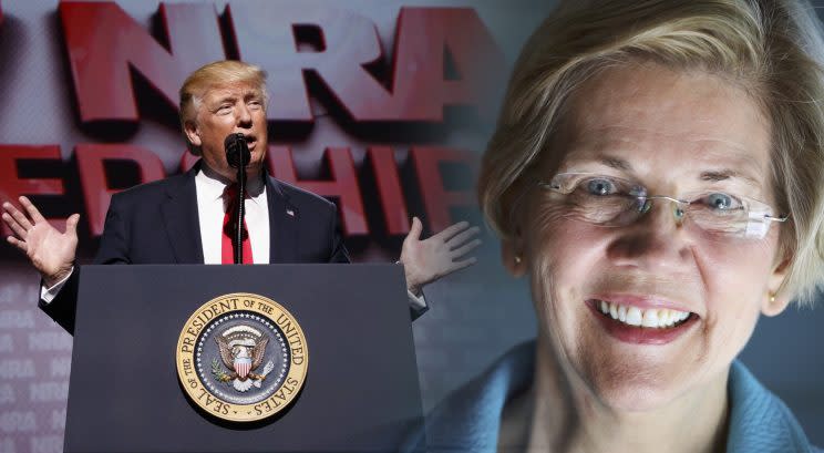 While speaking at the National Rifle Association Leadership Conference, President Trump predicted that Sen. Elizabeth Warren could run against him in 2020. (Photo-illustration: Yahoo News; photos; Evan Vucci/AP, Craig F. Walker/The Boston Globe via Getty Images)