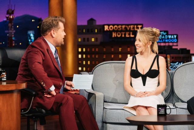 Sydney Sweeney Does Hollywood Glam in Bra-Top Dress and Slick Pumps on  'Late Late Show with James Corden